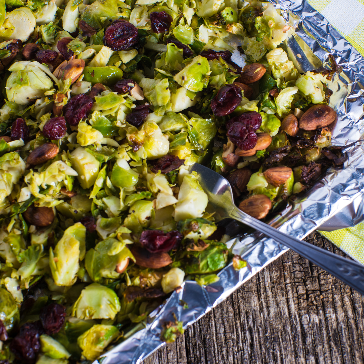 Roasted Brussel Sprouts with Maple, Cranberry, & Pecan