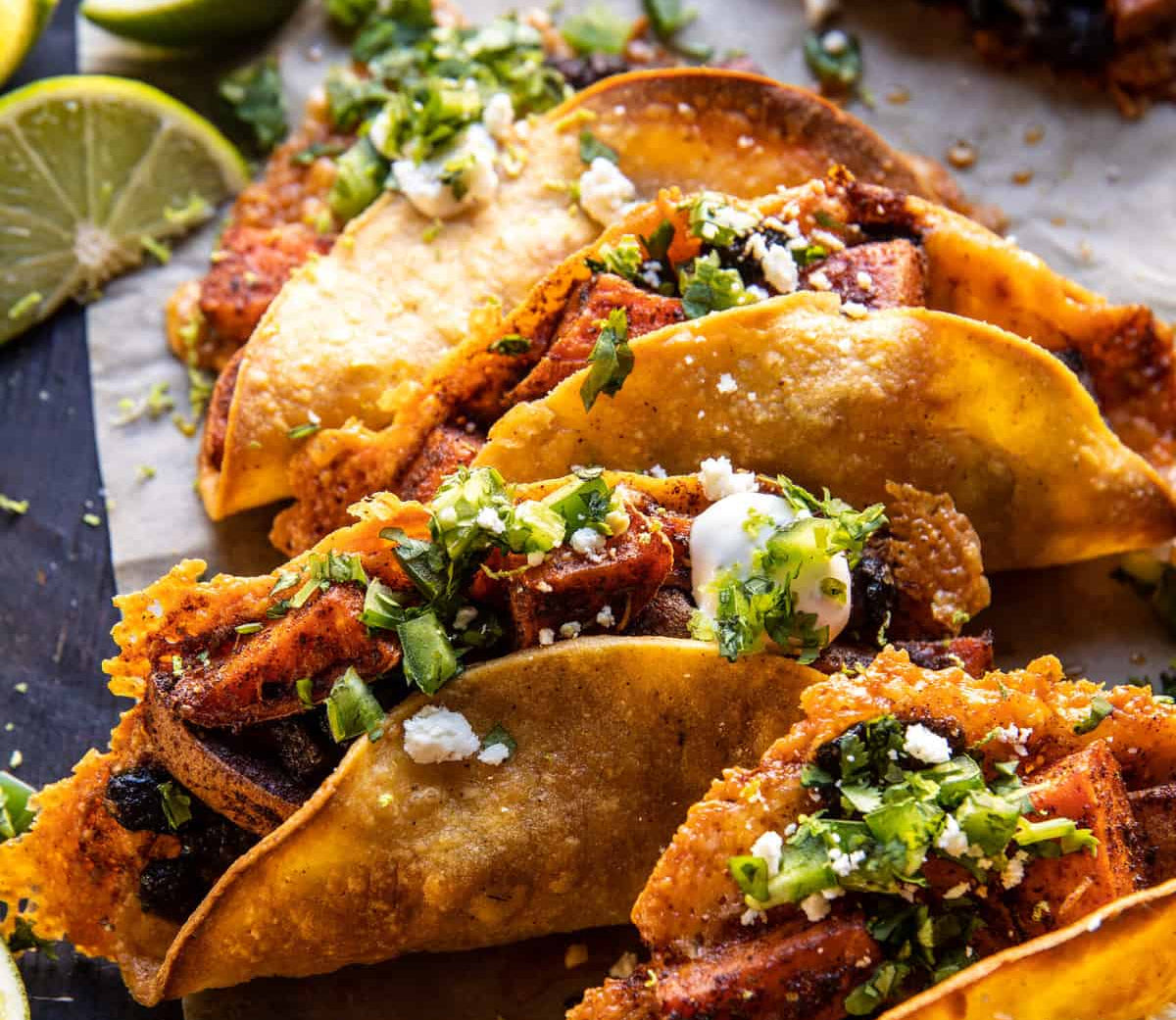 Crispy Cauliflower & Sweet Potato Tacos with Avocado Lime Crema